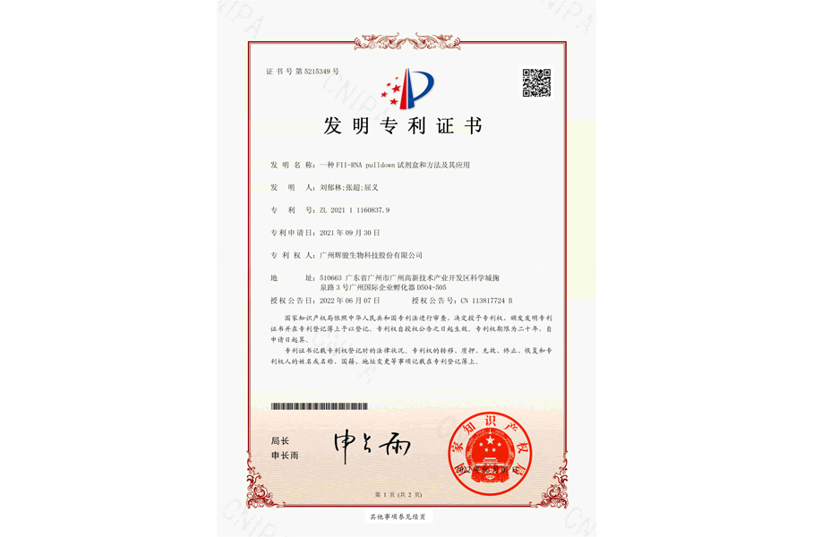 輝駿生物FII-RNA pull down試劑盒和方法及其應(yīng)用專利證書，F(xiàn)2-RNA pull down試劑盒-強(qiáng)親和力/操作簡(jiǎn)便/周期短/價(jià)格低